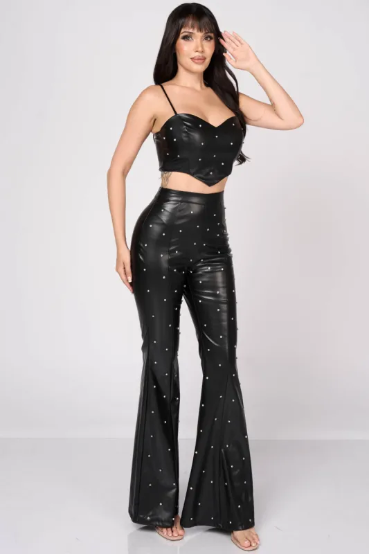 SEXY PEARL EMBELLISHED PLEATHER TOP & PANTS SET made by privy