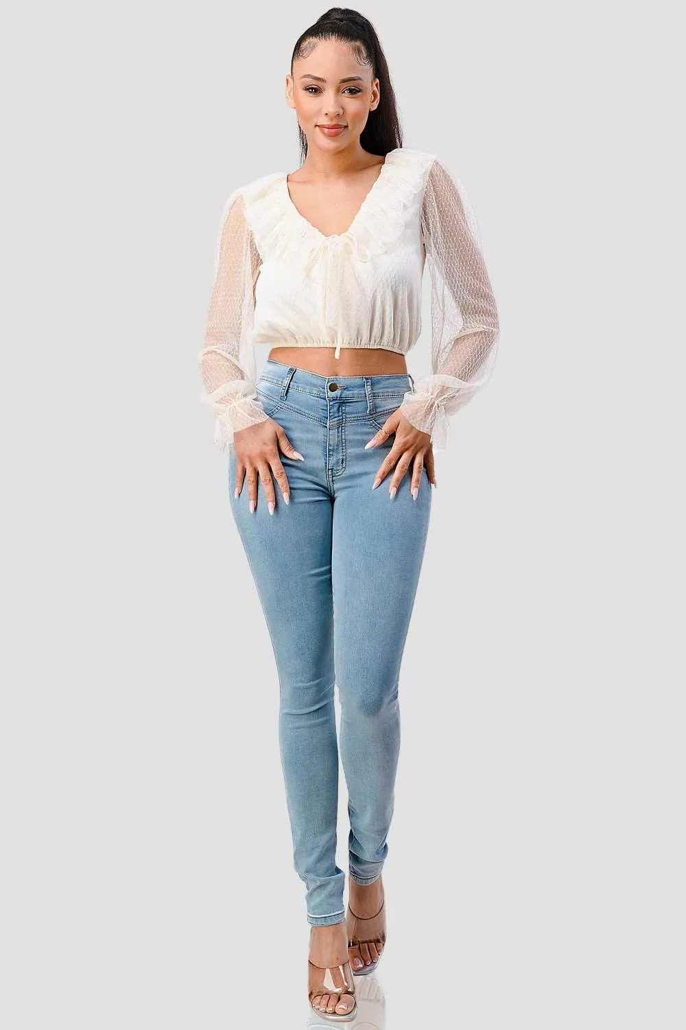 PT41704K-W / POLKA DOT MESH V-NECK RUFFLED BOW CROPPED TOP sold by privy product image thumbnail 4