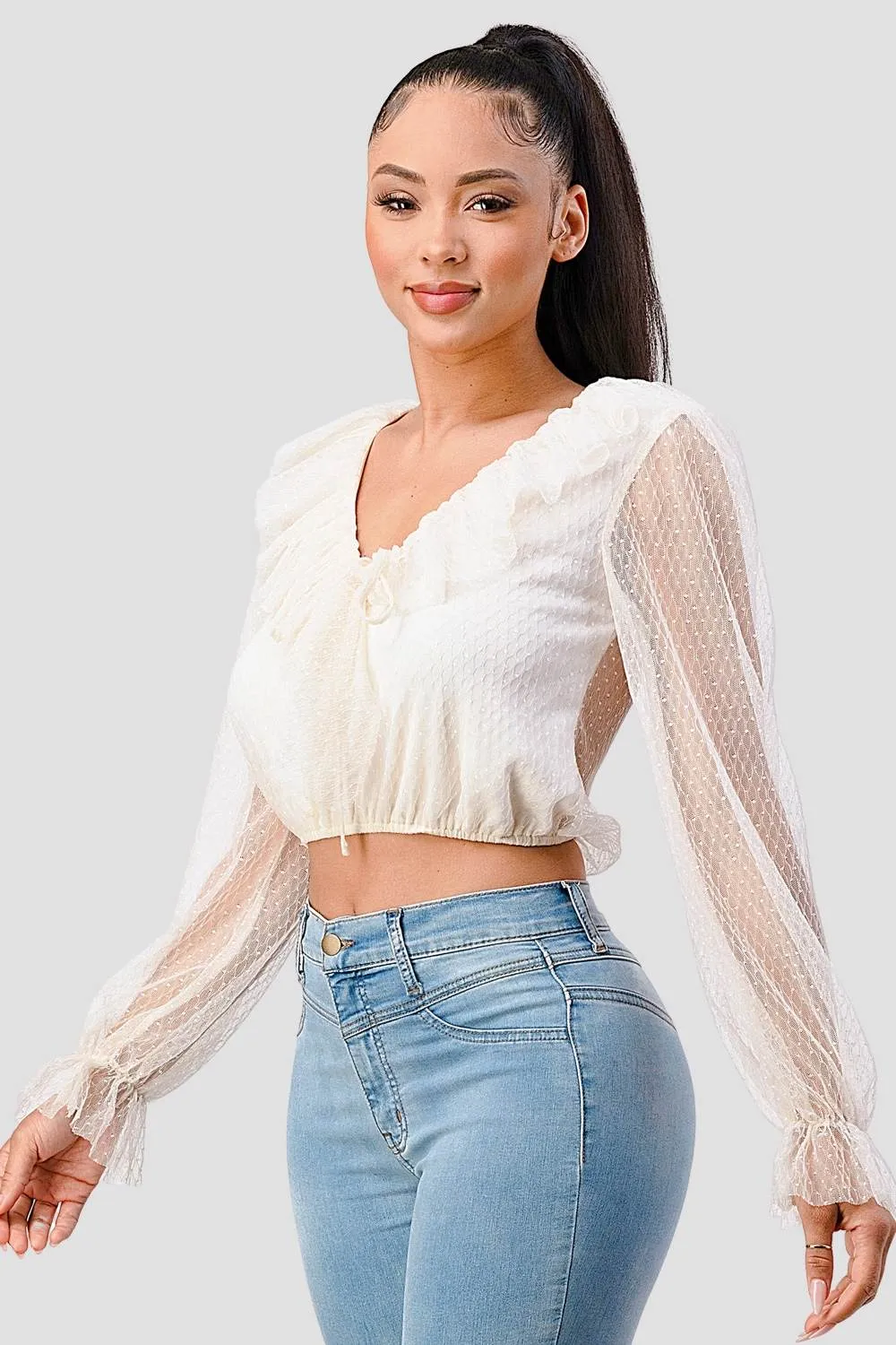 PT41704K-W / POLKA DOT MESH V-NECK RUFFLED BOW CROPPED TOP sold by privy