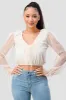 PT41704K-W / POLKA DOT MESH V-NECK RUFFLED BOW CROPPED TOP sold by privy