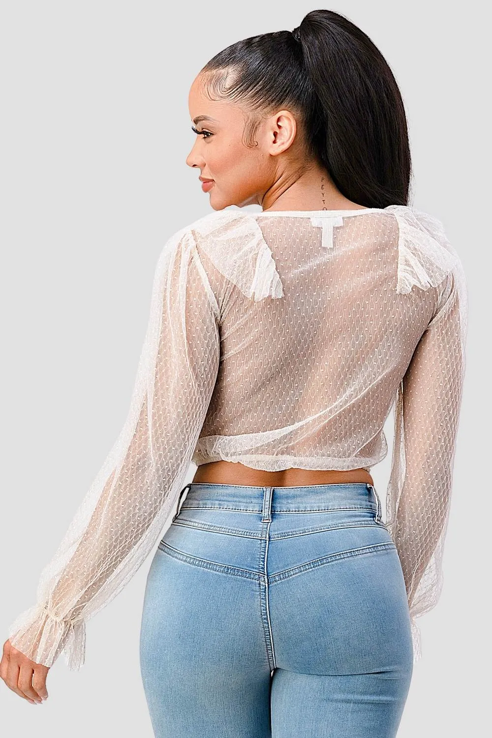 PT41704K-W / POLKA DOT MESH V-NECK RUFFLED BOW CROPPED TOP sold by privy product image thumbnail 3