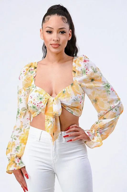 FLORAL SWEETHEART KNOT TIE CROP TOP sold by privy