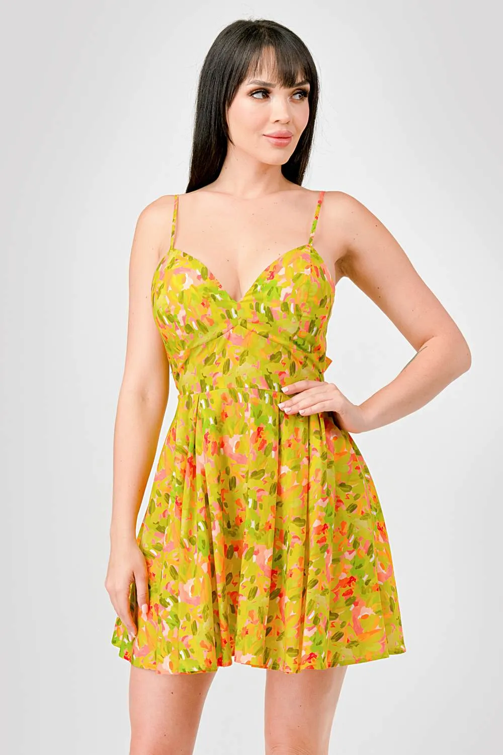 FLORAL LINEN PRINT SKATER BACK BOW TIE MINI DRESS sold by privy product image thumbnail 2