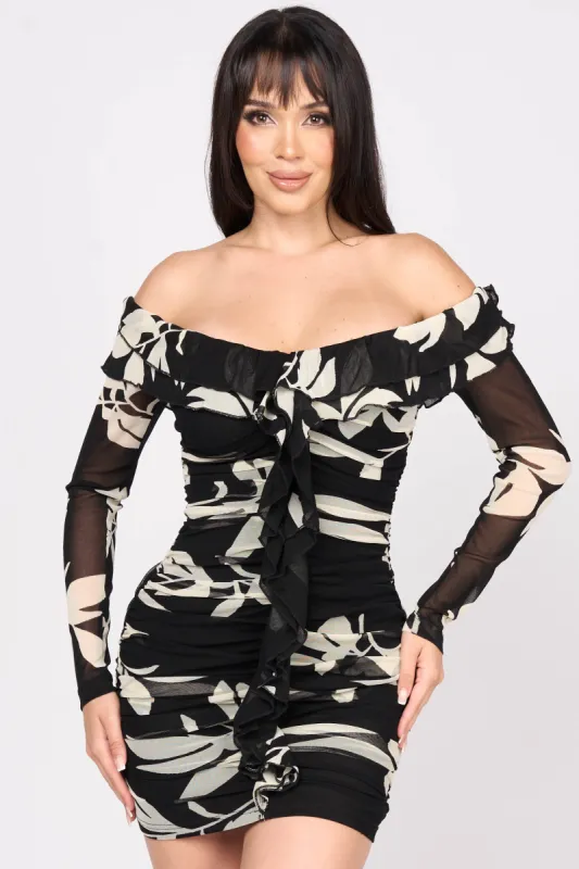 FLORAL PRINT MESH RUFFLE OFF SHOULDER MINI DRESS sold by privy