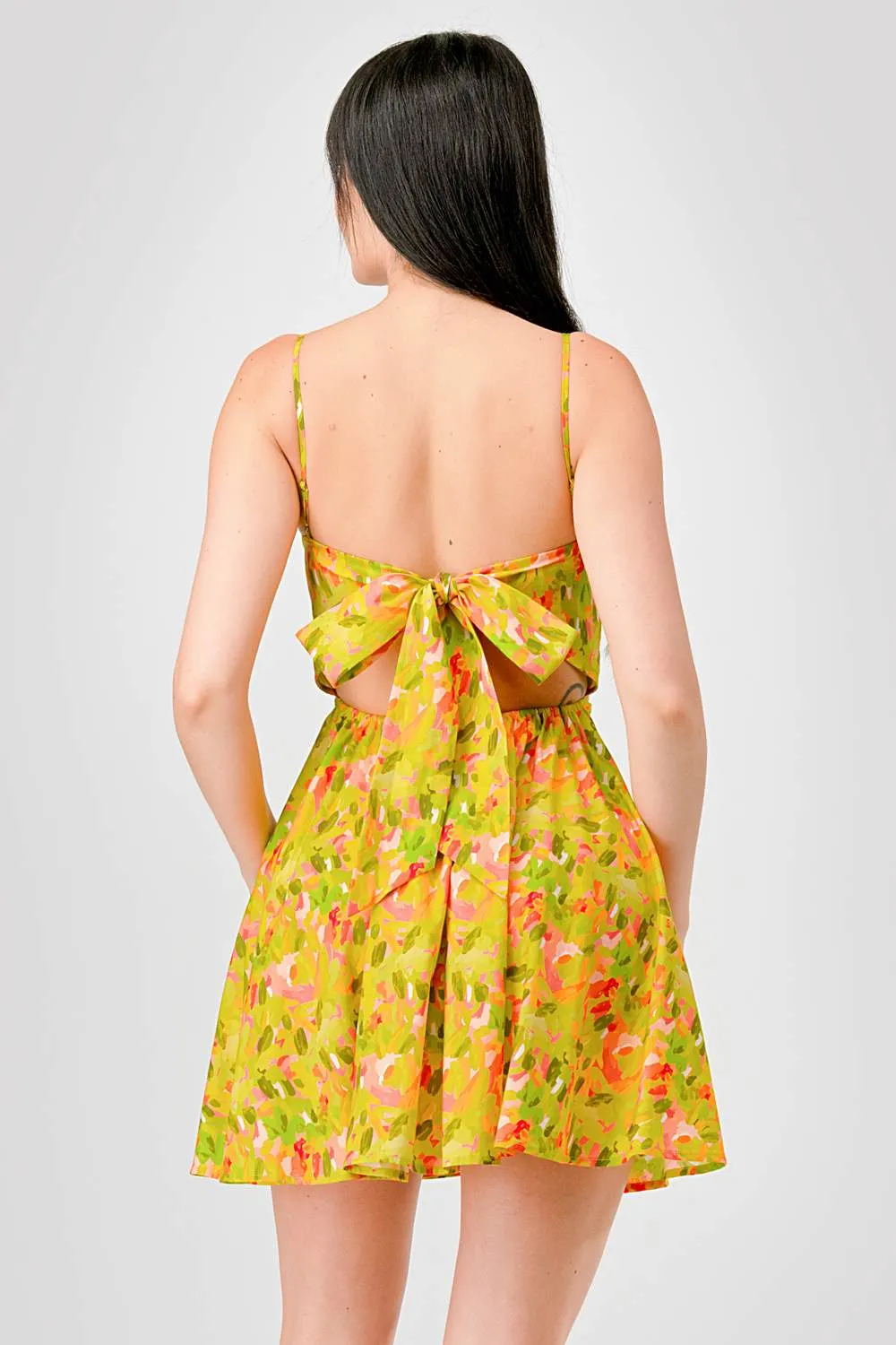 FLORAL LINEN PRINT SKATER BACK BOW TIE MINI DRESS sold by privy product image thumbnail 4