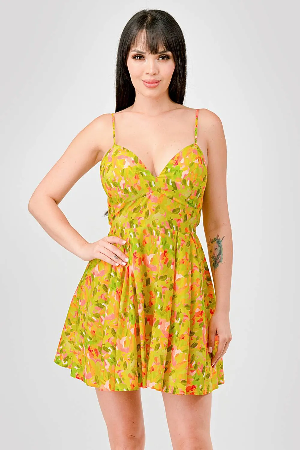 FLORAL LINEN PRINT SKATER BACK BOW TIE MINI DRESS sold by privy