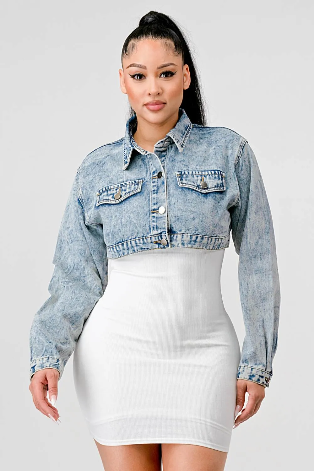 SEXY DENIM COLLARED BUTTON DOWN CROPPED JACKET sold by privy product image thumbnail 2