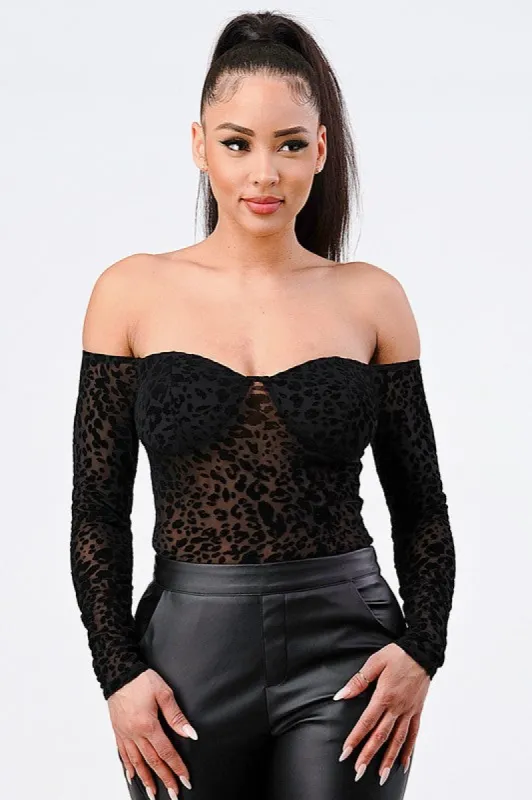 LEOPARD PRINT OFF SHOULDER BODYSUIT sold by privy