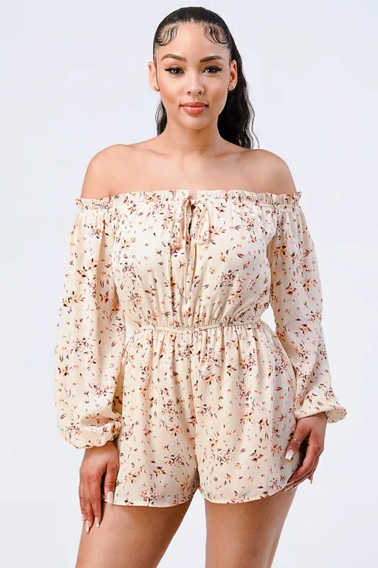 PJ10501E-W / FLORAL OFF SHOULDER SMOCKING ROMPER sold by privy