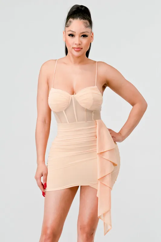 LUXE SEE-THRU MESH CONTRAST DRAPED MINI DRESS sold by privy