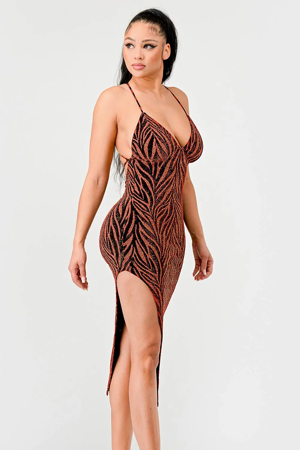 LUXE METALLIC LUREX GLITTER ASYMMETRIC MIDI DRESS sold by privy product image thumbnail 2