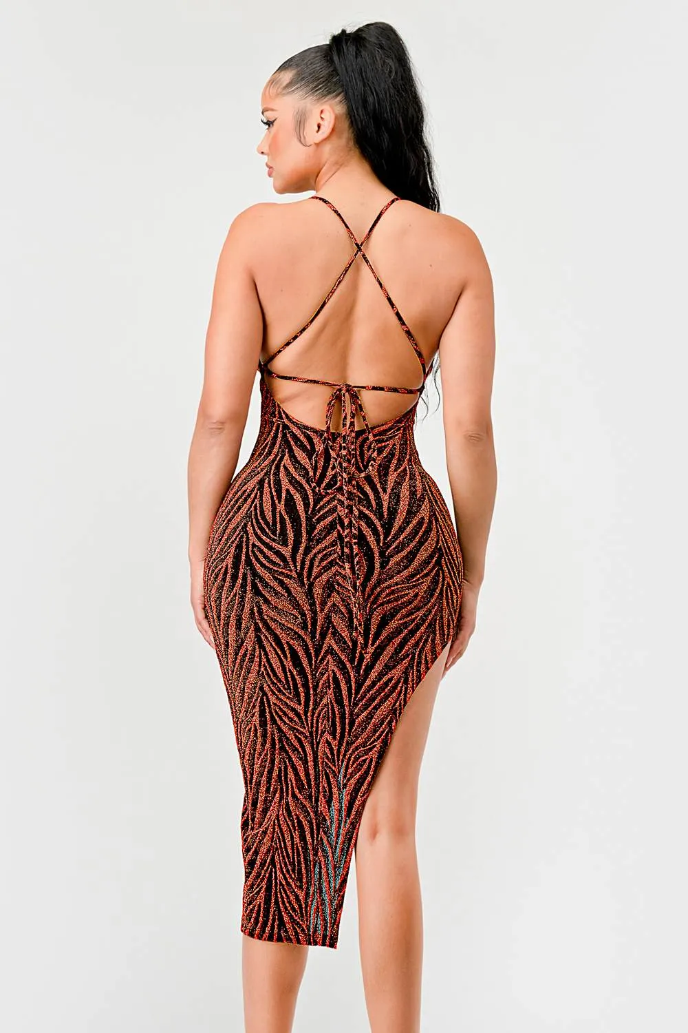 LUXE METALLIC LUREX GLITTER ASYMMETRIC MIDI DRESS sold by privy product image thumbnail 3