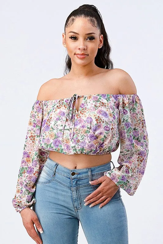 FLORAL OFF SHOULDER KEYHOLE PUFF SLEEVES TOP sold by privy product image thumbnail 2
