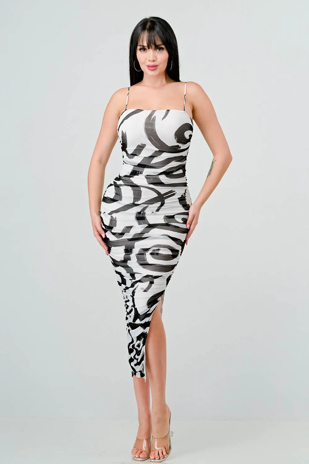 ABSTRACT PRINT MESH SIDE SLIT BODYCON MIDI DRESS sold by privy product image thumbnail 4
