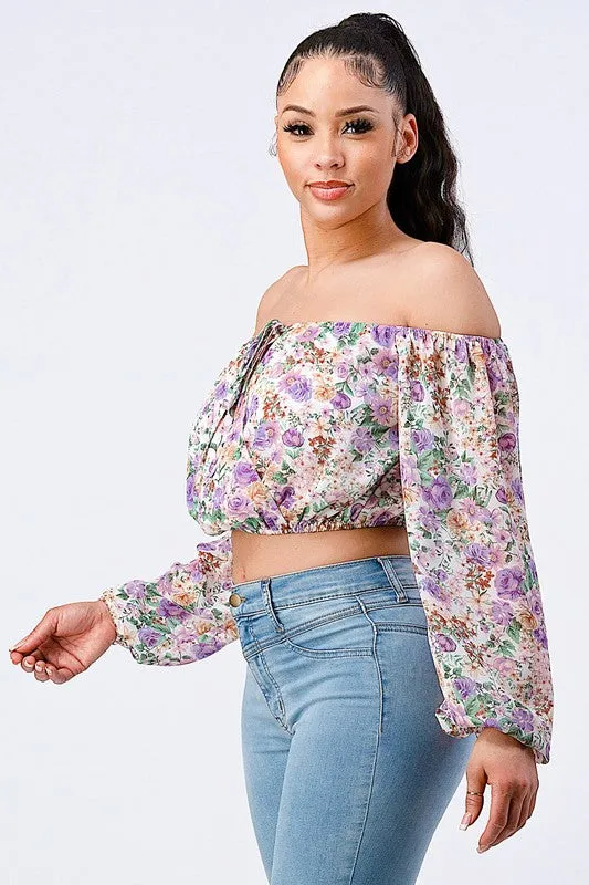 FLORAL OFF SHOULDER KEYHOLE PUFF SLEEVES TOP sold by privy product image thumbnail 3