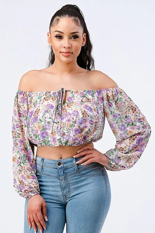 FLORAL OFF SHOULDER KEYHOLE PUFF SLEEVES TOP sold by privy