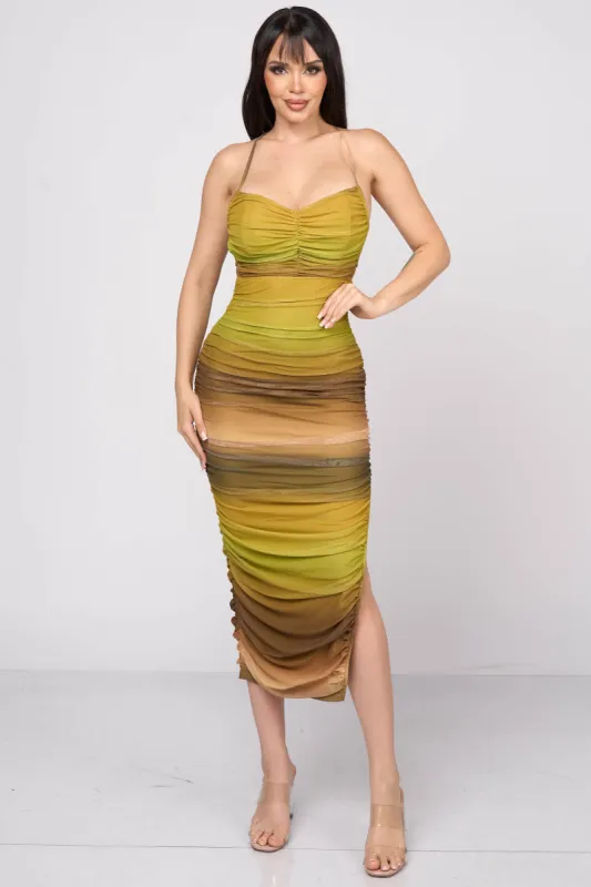 LUXE OMBRE PRINT MESH DRAWSTRING RUCHED MINI DRESS sold by privy