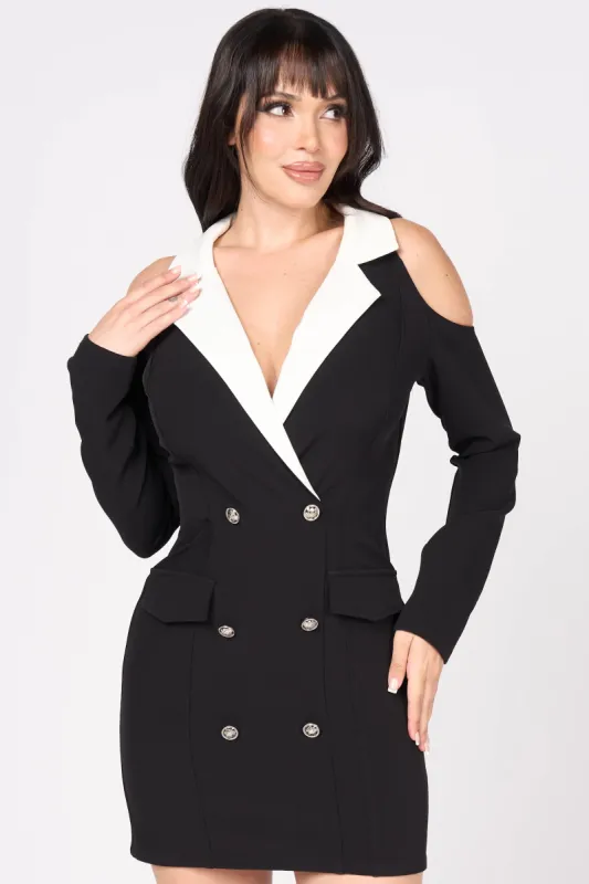 LUXE COLOR BLOCK BUTTONS DETAIL BLAZER MINI DRESS sold by privy