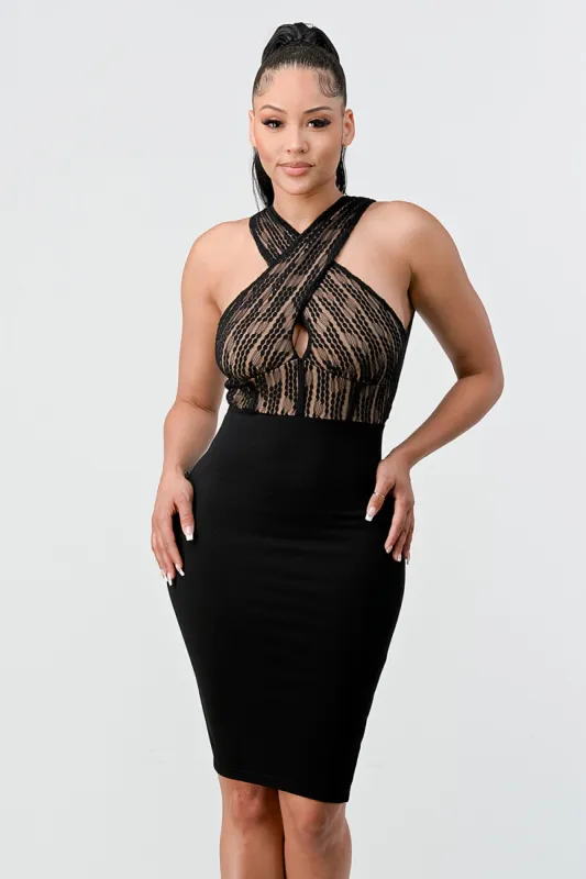 LUX CREPE HALTER CROSS LACE OPEN BACK BODYCON DRESS sold by privy