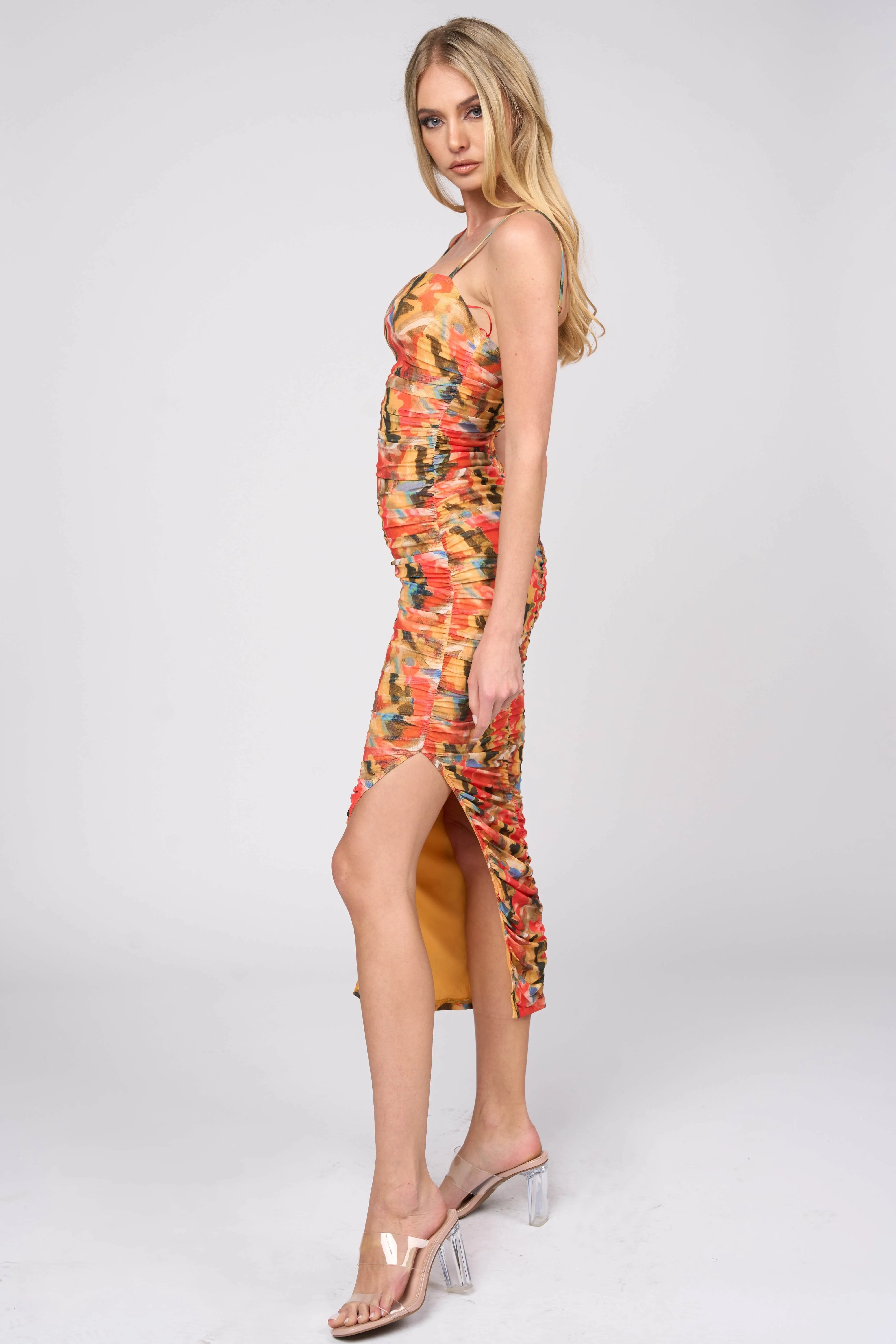 SEXY ABSTRACT MESH PRINT RUCHED SLIT MIDI DRESS sold by privy product image thumbnail 2