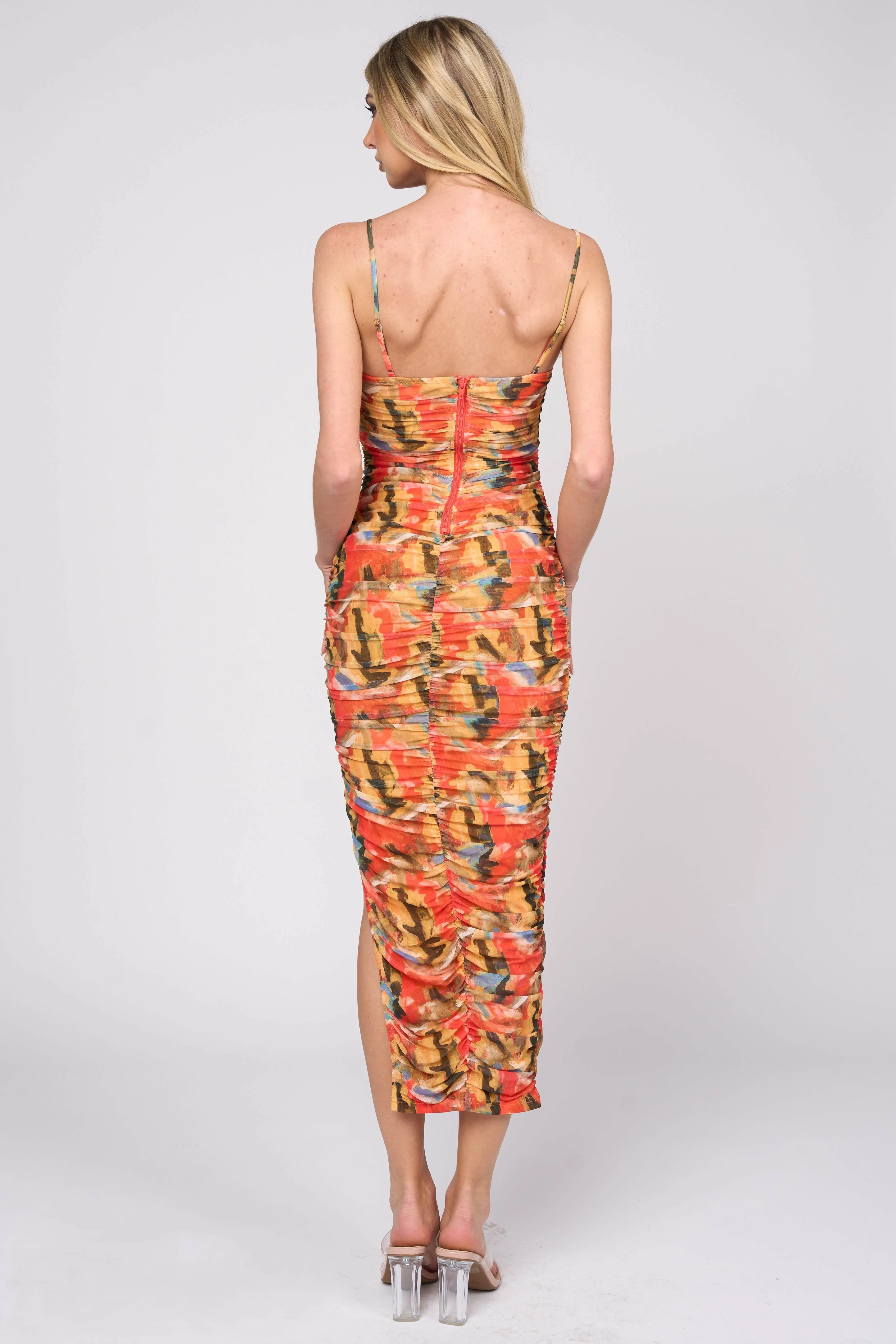 SEXY ABSTRACT MESH PRINT RUCHED SLIT MIDI DRESS sold by privy product image thumbnail 3