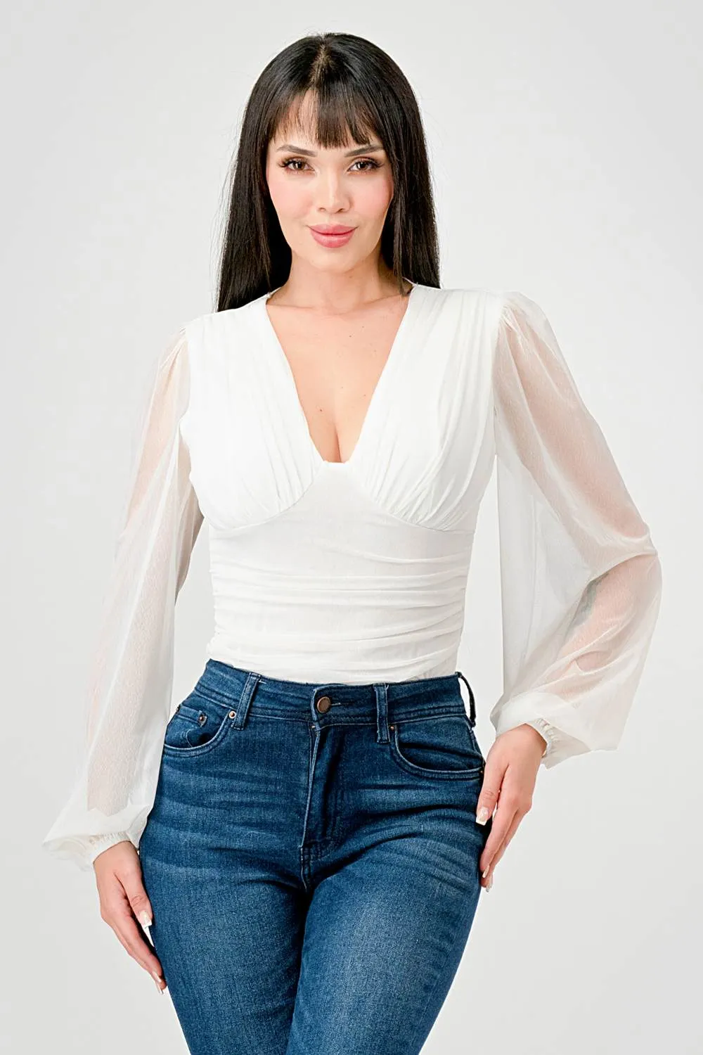 LUXE ONION SKIN MESH V-NECK LONG SLEEVE BODYSUIT sold by privy