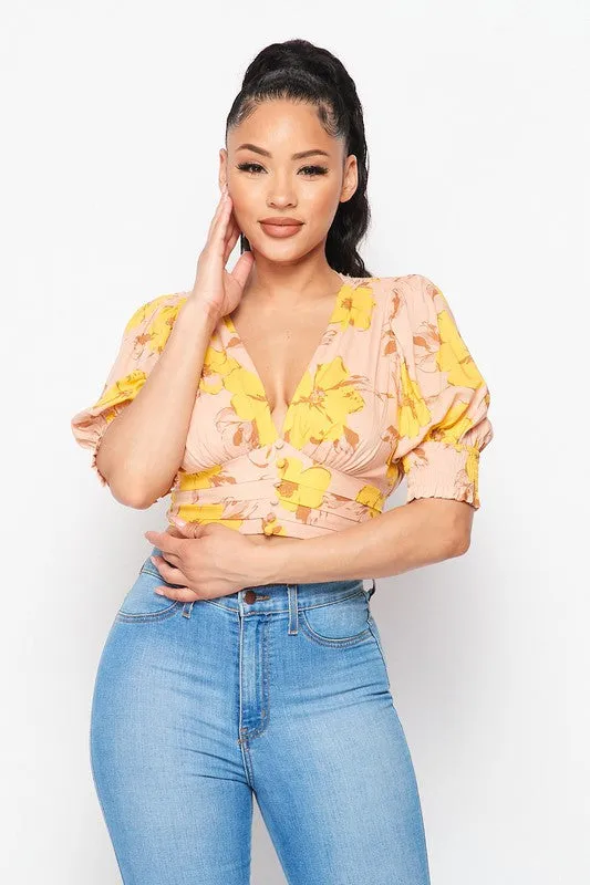 SPRING FLORAL DEEP-V CROPPED BUTTONED BLOUSE TOP sold by privy