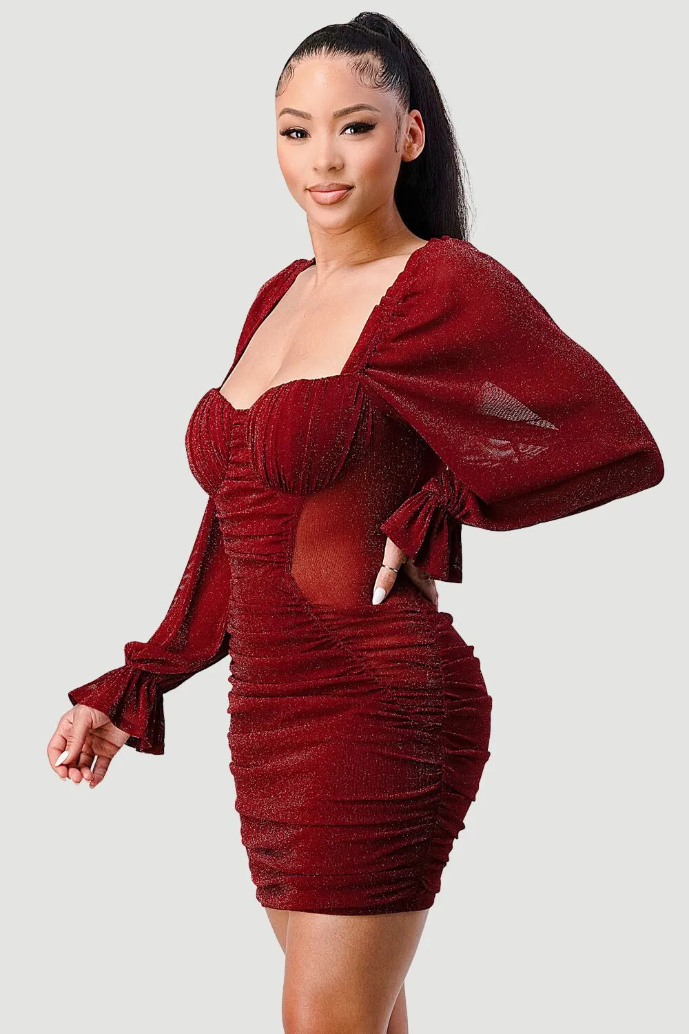 GLITTER SWEETHEART RUCHED LONG SLEEVE MINI DRESS sold by privy product image thumbnail 2