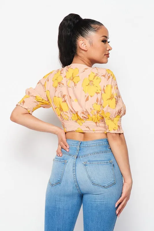 SPRING FLORAL DEEP-V CROPPED BUTTONED BLOUSE TOP sold by privy product image thumbnail 5