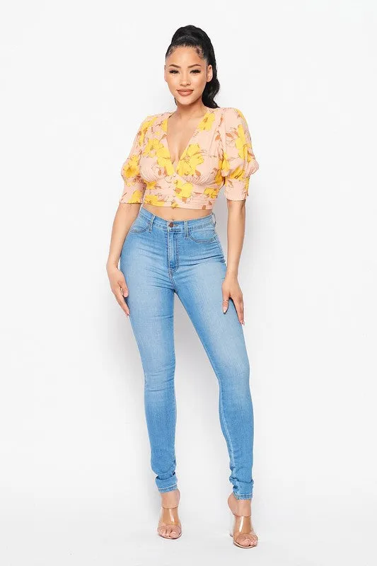 SPRING FLORAL DEEP-V CROPPED BUTTONED BLOUSE TOP sold by privy product image thumbnail 2