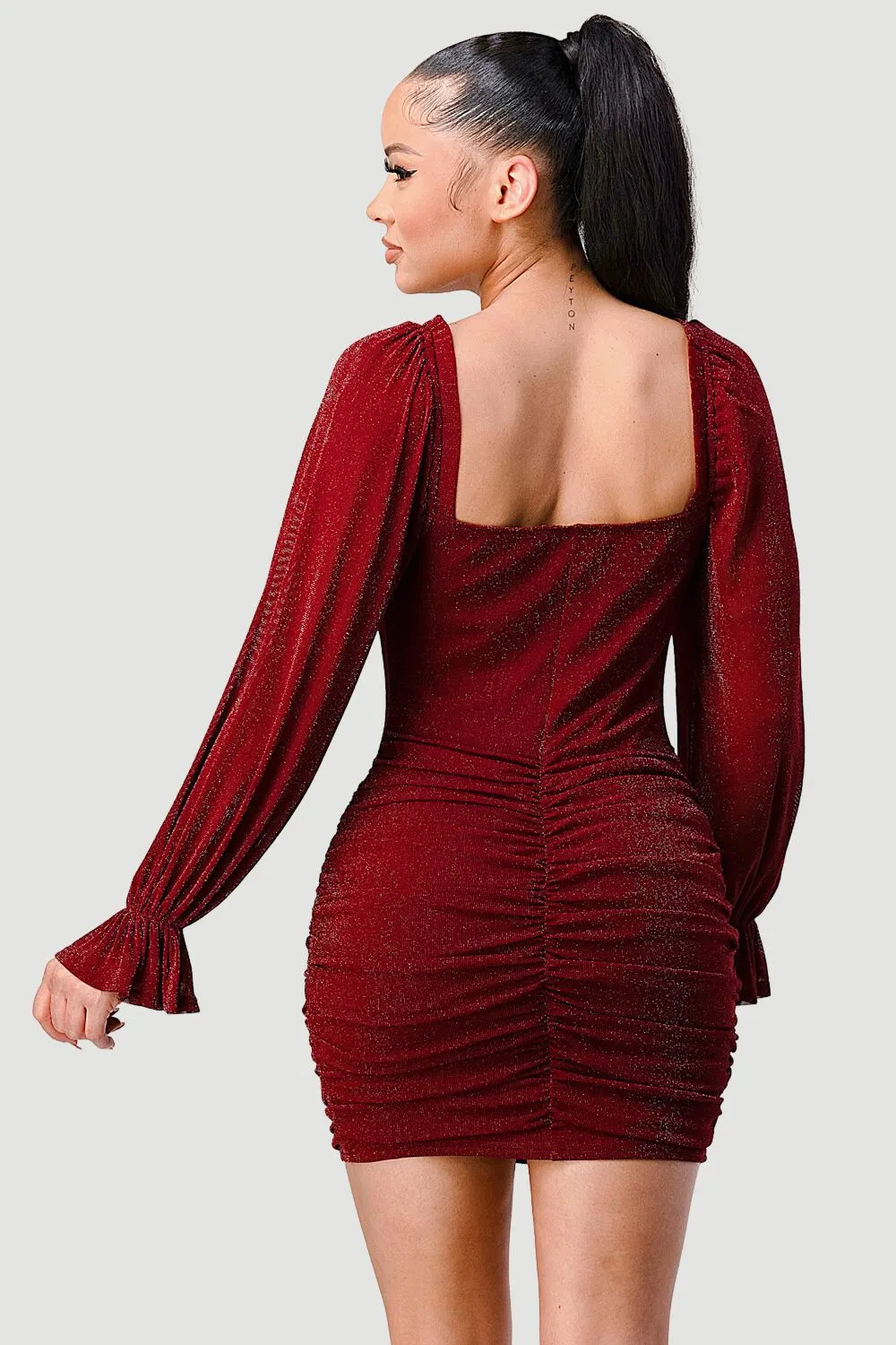 GLITTER SWEETHEART RUCHED LONG SLEEVE MINI DRESS sold by privy product image thumbnail 3