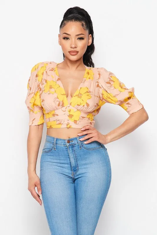 SPRING FLORAL DEEP-V CROPPED BUTTONED BLOUSE TOP sold by privy product image thumbnail 3
