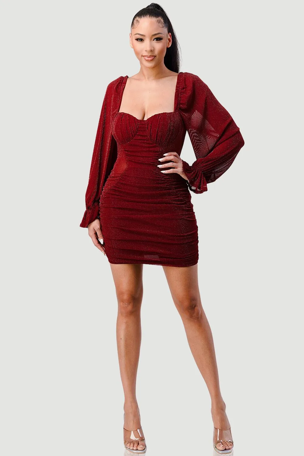 GLITTER SWEETHEART RUCHED LONG SLEEVE MINI DRESS sold by privy product image thumbnail 4
