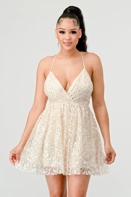 SEQUINS SWEETHEART DRAWSTRING LACE UP MINI DRESS sold by privy