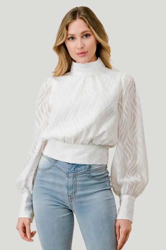 LUXE BURNOUT WOVEN MOCK NECK OPEN BACK TIE BLOUSE sold by privy
