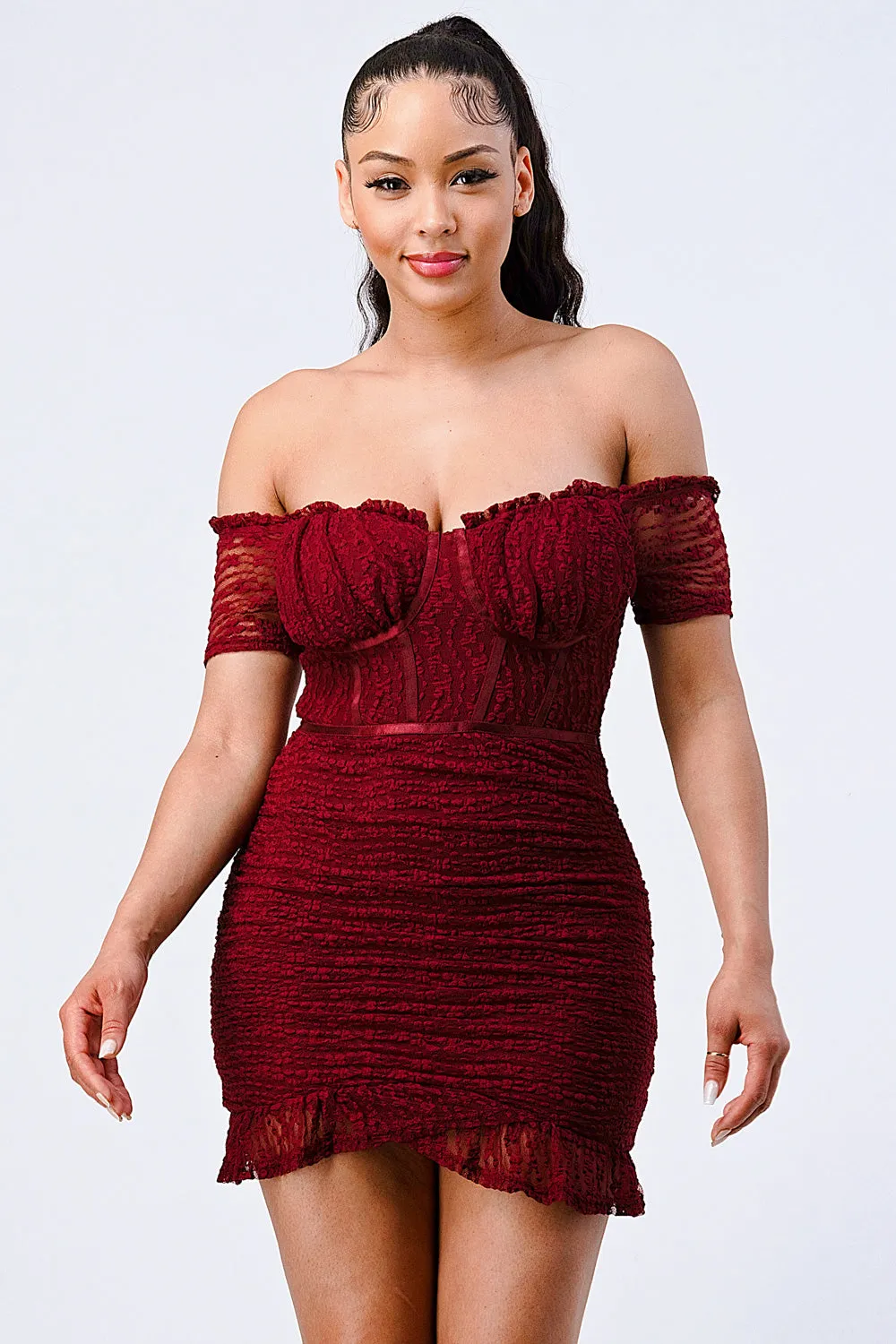 PD71285E / TEXTURED OFF-SHOULDER RIBBED BODYCON DRESS sold by privy