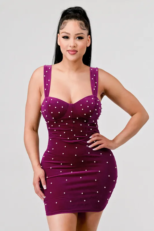 VELVET FAUX PEARL EMBELLISHED BODYCON MINI DRESS sold by privy