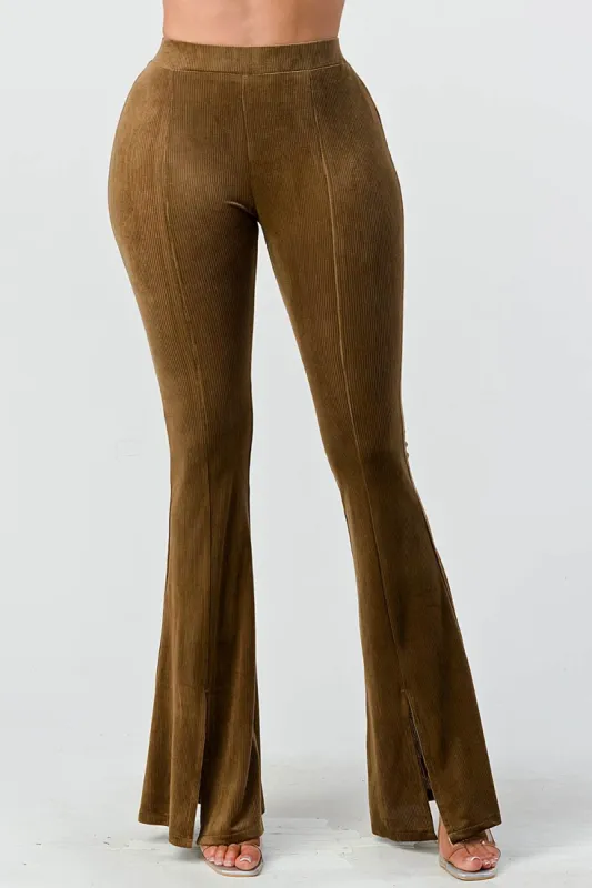 CHIC VELVET FLARED PULL ON SLIT HEM LONG PANTS sold by privy