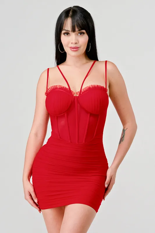 CHIC SHEER MESH CONTRAST CORSET BODYCON MINI DRESS sold by privy