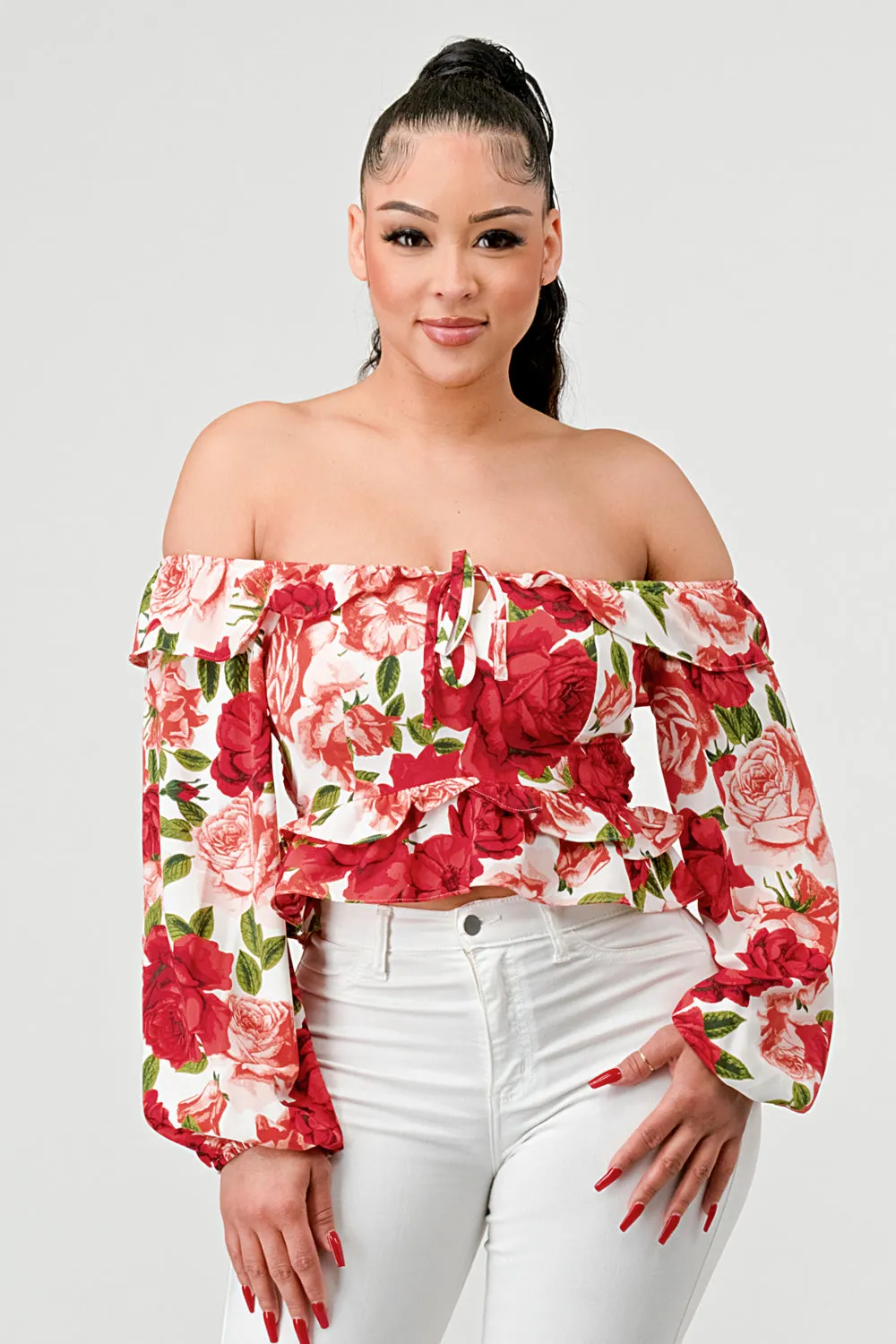 FLORAL SMOCKED OFF SHOULDER RUFFLED TOP sold by privy