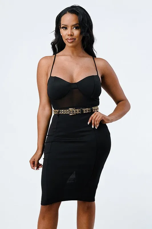 LUX GOLD CHAIN WAIST BELTED STRETCH BODYCON DRESS sold by privy