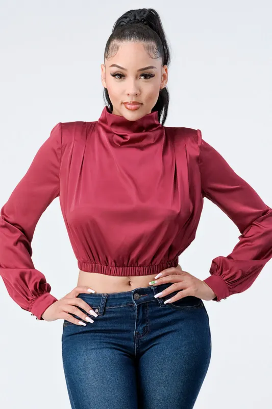 LUX SOFT STRETCH SATIN MOCK NECK CROP BLOUSE TOP sold by privy