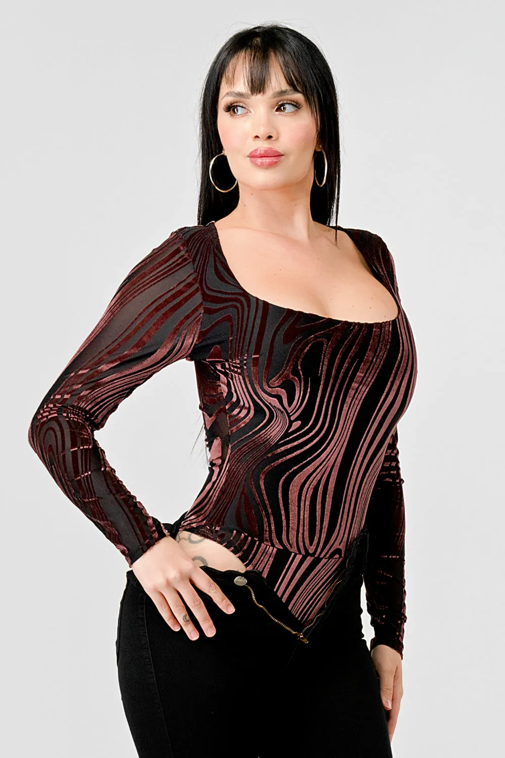 LUXE LUXE MESH VELVET BURNOUT SQUARE NECK BODYSUIT sold by privy product image thumbnail 3