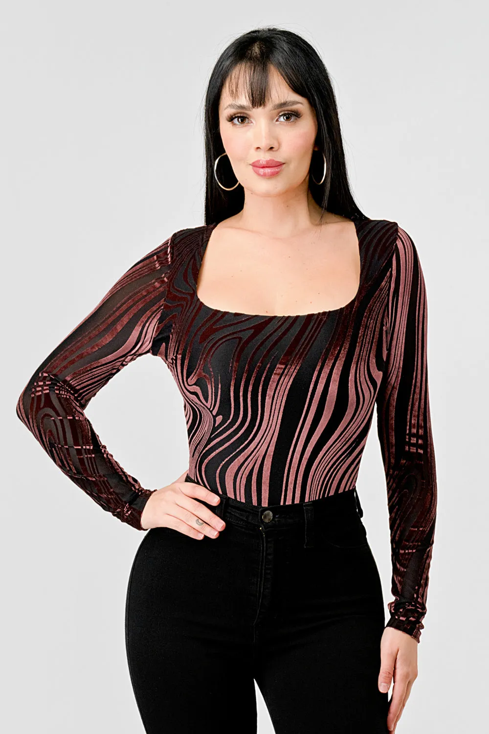 LUXE LUXE MESH VELVET BURNOUT SQUARE NECK BODYSUIT sold by privy