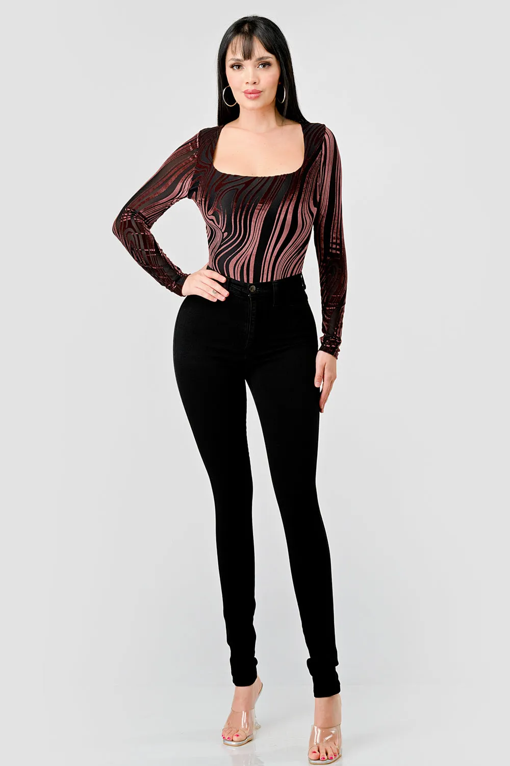 LUXE LUXE MESH VELVET BURNOUT SQUARE NECK BODYSUIT sold by privy product image thumbnail 5