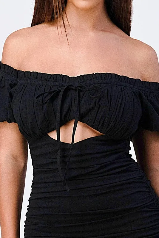 RUCHED FRONT RIBBON CUT-OUT BODYCON DRESS sold by privy product image thumbnail 4