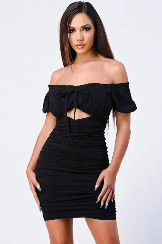RUCHED FRONT RIBBON CUT-OUT BODYCON DRESS sold by privy