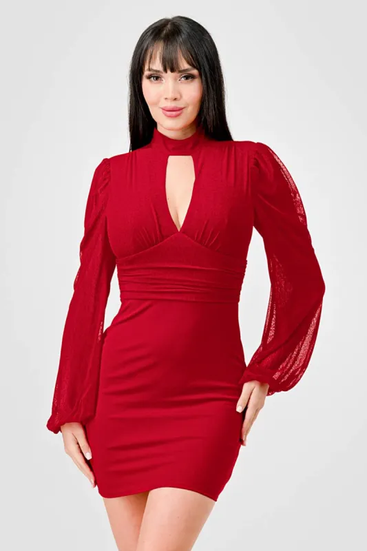 LUXE CREPE MOCK NECK KEYHOLE SHEER MINI DRESS sold by privy