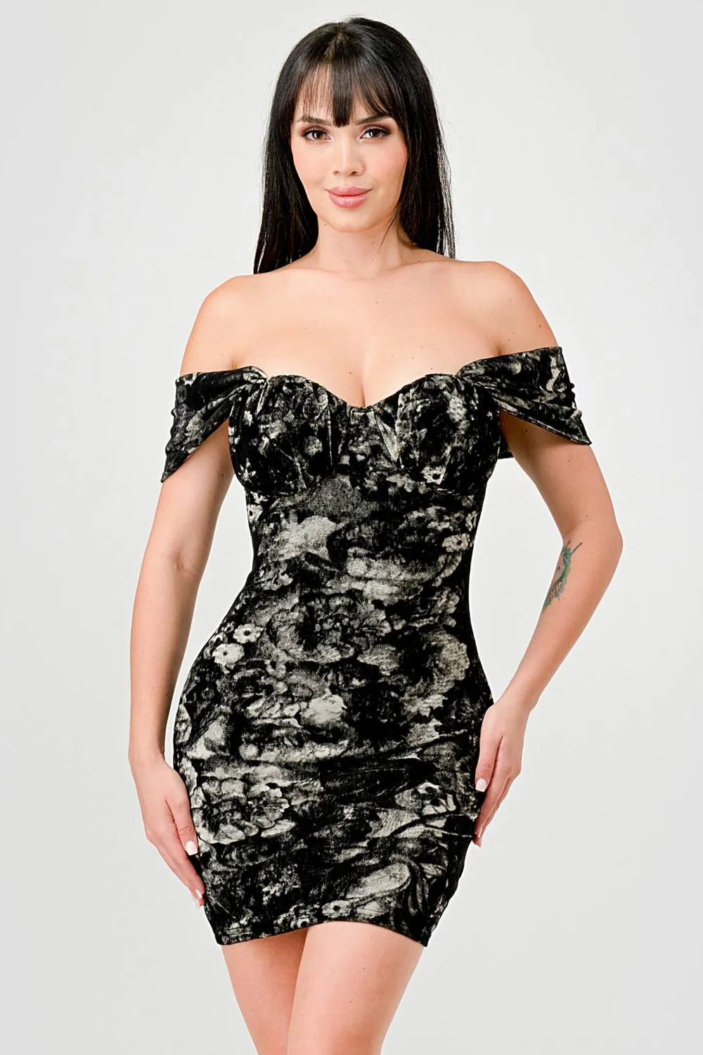 LUXE SMOG MESH PRINT OFF SHOULDER MINI DRESS sold by privy