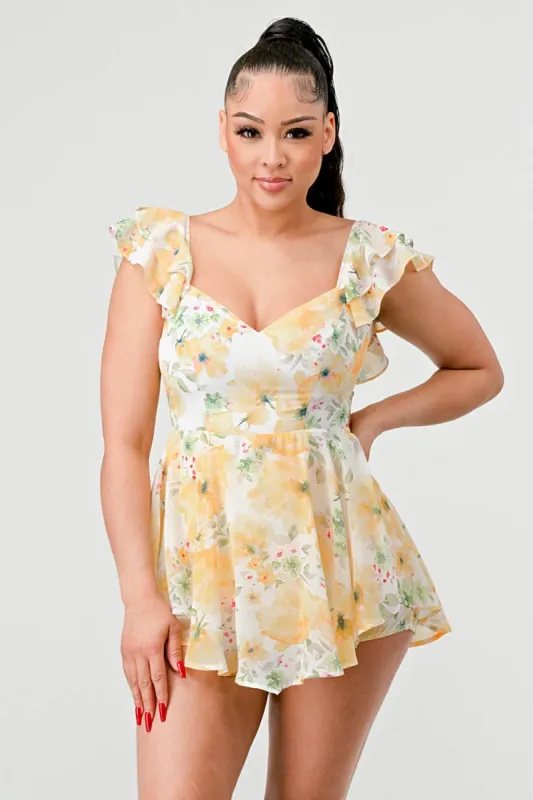 FLORAL CHIFFON RUFFLED OPEN BACK TIE TULLE ROMPER sold by privy